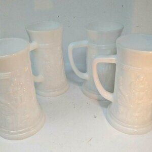 Federal, Milk Glass, Beer Steins  Set of 4, Vintage, Raised Motif  Pub Scene 60s